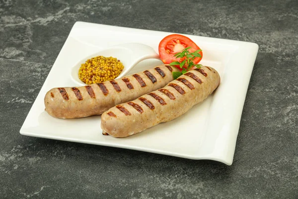 Grilled Natural Pork Sausages Mustard Sauce — Stock Photo, Image