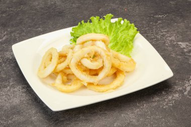 Kavrulmuş kalamar halkaları ve kasede salata.