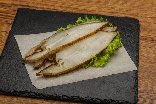 Alabote Defumado Delicoso Fatias Peixe Lanche — Fotografia de Stock