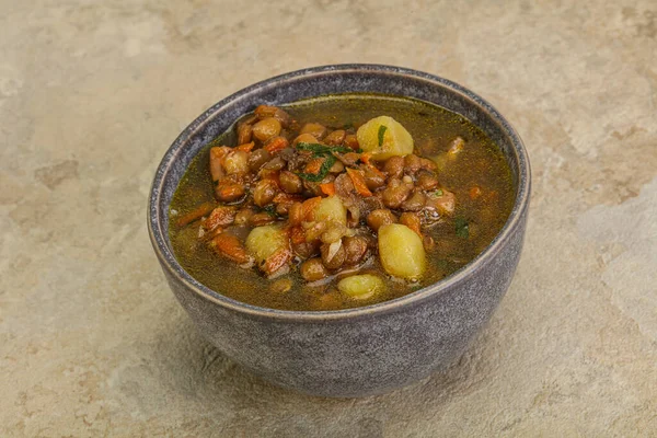 Soupe Traditionnelle Aux Lentilles Avec Poulet Légumes — Photo