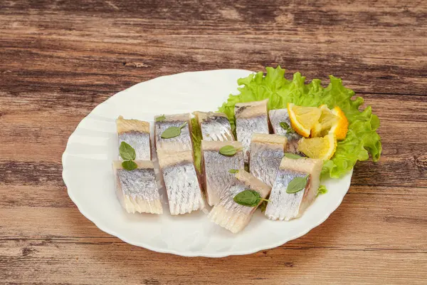 Marinated Herring Fillet Sliced Lemon — Stock Photo, Image