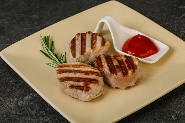 Grilled Pork Medallion Tomato Sauce Served Rosemary — Stock Photo, Image