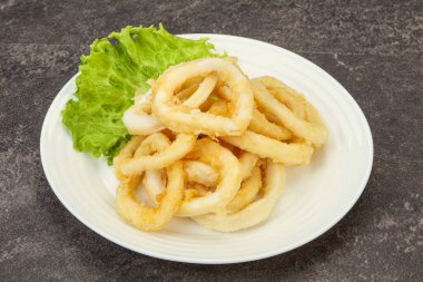 Kavrulmuş kalamar halkaları ve kasede salata.