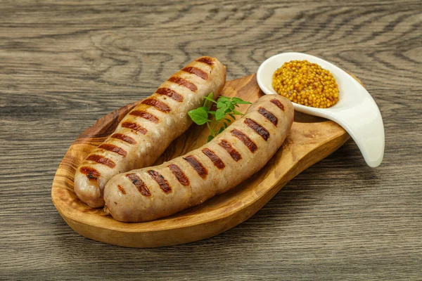 Grilled Natural Pork Sausages Mustard Sauce — Stock Photo, Image