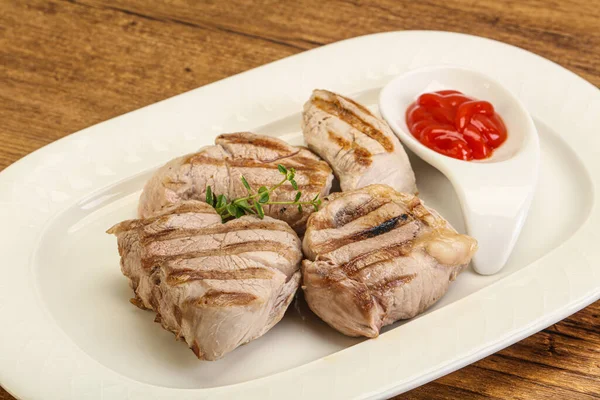 Grilled Pork Tenderlion Tomato Sauce Served Thyme — Stock Photo, Image