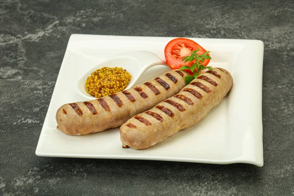 Grilled Natural Pork Sausages Mustard Sauce — Stock Photo, Image