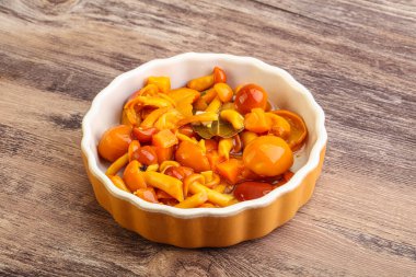 Baharatlı salamura bal mantarı kasede.