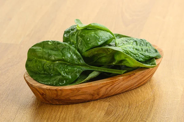 Fresh Green Spinach Leaves Bowl Wooden Background — Stock Photo, Image