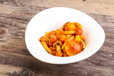 Baharatlı salamura bal mantarı kasede.