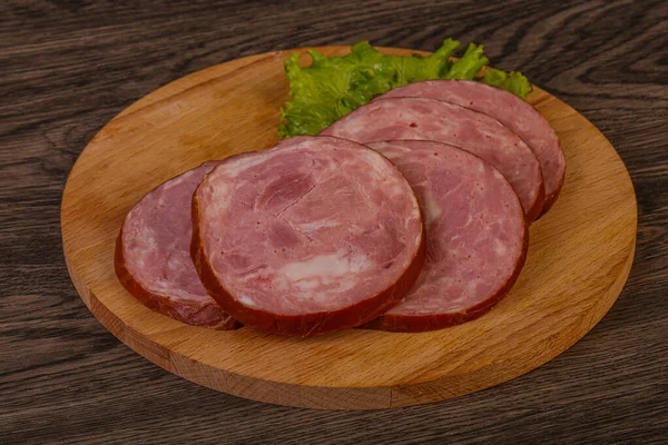 Fatias Presunto Carne Porco Sobre Tábua Madeira — Fotografia de Stock