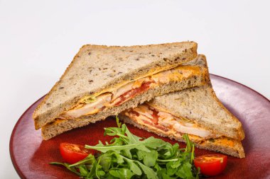 Tavuk göğsü, sos ve peynirli sandviç.