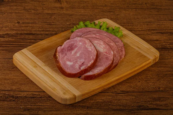 Fatias Presunto Carne Porco Sobre Tábua Madeira — Fotografia de Stock