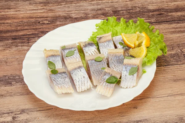 Marinated Herring Fillet Sliced Lemon — Stock Photo, Image