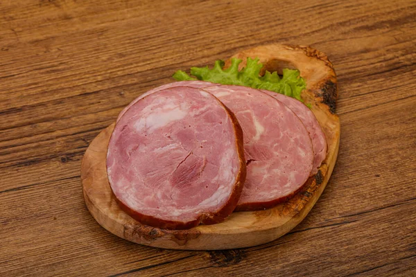 Fette Prosciutto Carne Maiale Tavola Legno — Foto Stock