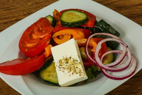 Salade Grecque Traditionnelle Fromage Feta Légumes — Photo