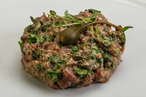 Lanche Tártaro Carne Crua Com Alcaparras — Fotografia de Stock