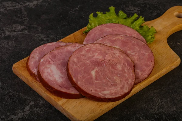 Rodajas Jamón Carne Cerdo Sobre Tabla Madera — Foto de Stock