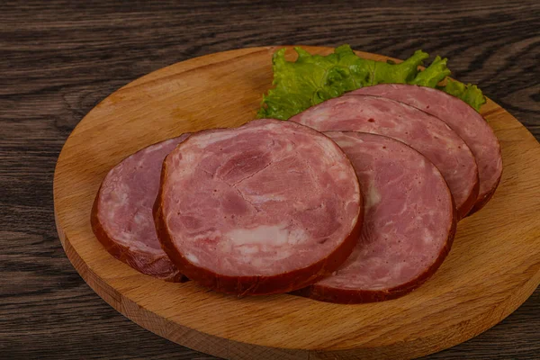 Tranches Jambon Porc Sur Planche Bois — Photo