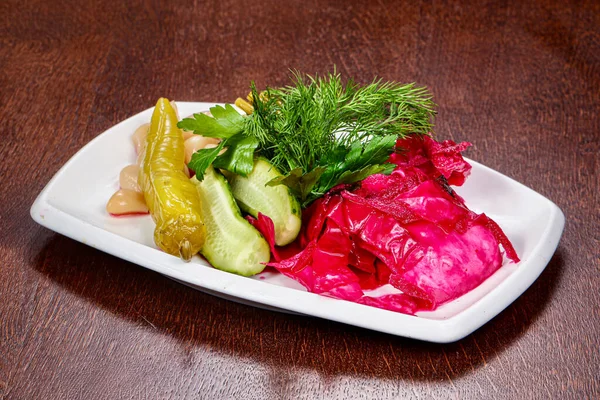 Pickled Vegetables Mix Cabbage Cucumber Pepper Served Dill — Stock Photo, Image