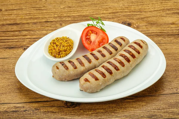 Grilled Natural Pork Sausages Mustard Sauce — Stock Photo, Image