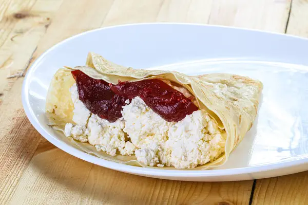 Panqueca Com Queijo Cottage Compota Frutas — Fotografia de Stock