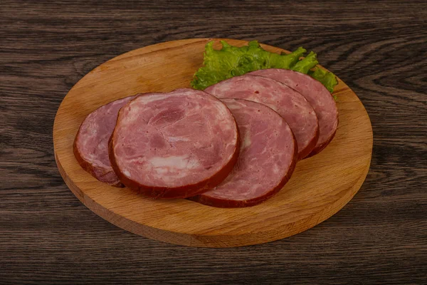Rodajas Jamón Carne Cerdo Sobre Tabla Madera — Foto de Stock