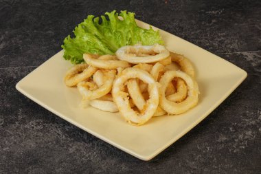 Kavrulmuş kalamar halkaları ve kasede salata.