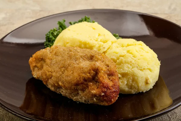 Escalope Poulet Croustillante Viande Hachée Avec Purée Pomme Terre — Photo