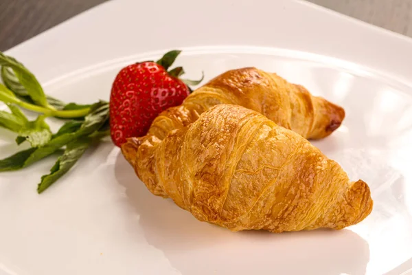 Sweet Croissant Plate Served Strawberry — Stock Photo, Image