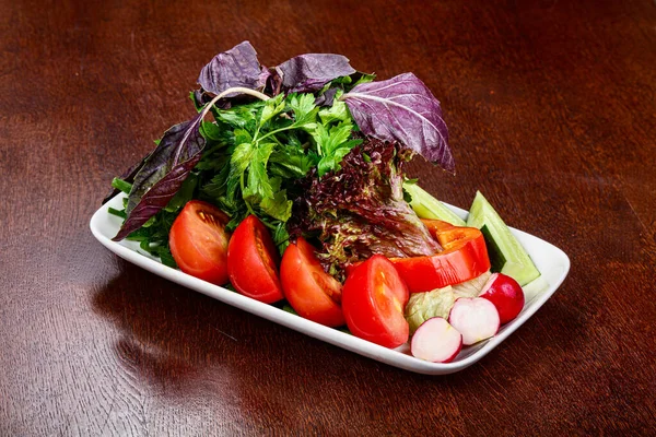 Salat Mit Gemüsescheiben Tomaten Rettich Und Gurken — Stockfoto