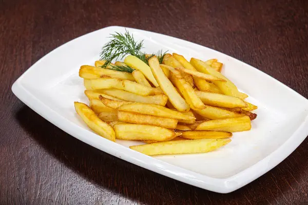 French Fry Potato Heap Plate Served Dill — Stock Photo, Image
