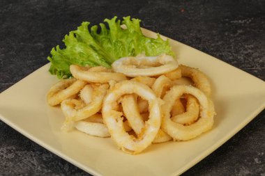 Kavrulmuş kalamar halkaları ve kasede salata.