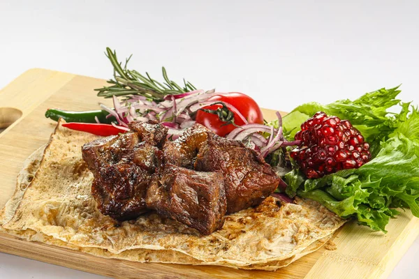 Grillat Nötkött Kebab Grill Shashlik Serveras Lök — Stockfoto