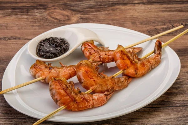 Asian Grilled Prawn Skewer Pepper Sauce — Stock Photo, Image