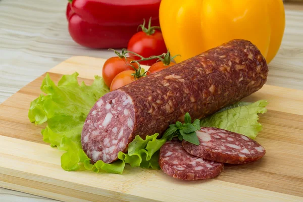 stock image Sliced Salami with salad leaves