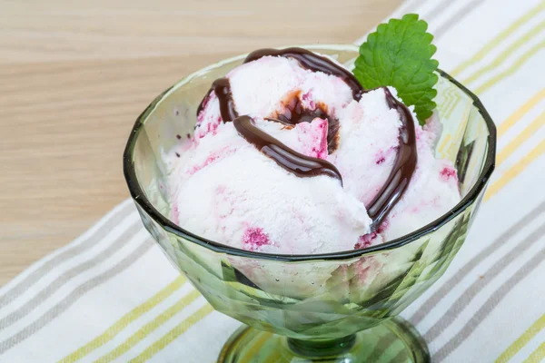 Ice cream with choco and mint leaves — Stock Photo, Image