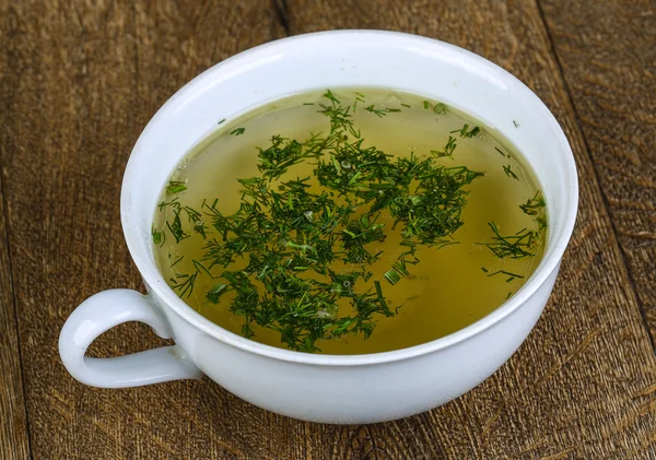 Fresh hot Broth with dill — Stock Photo, Image