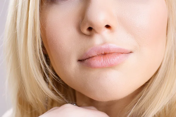 Close up shot of the full lips young blonde girl — Stock Photo, Image