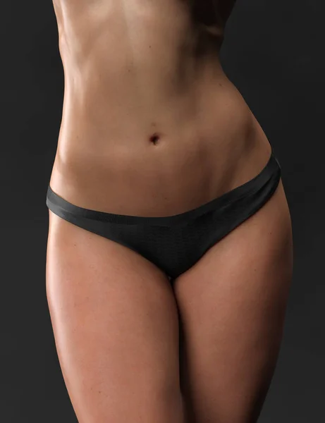 腹部プレス 平らな腹 女性の体の美容医療 黒パンティーで女性の体のクローズアップ — ストック写真