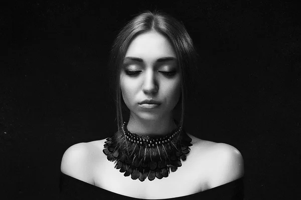 Portrait of young beautiful woman with handmade jewelry — Stock Photo, Image