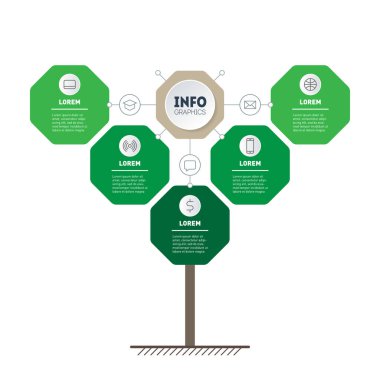 Beş seçenekli iş sunumu konsepti. Çizelge ya da diyagram şablonu. Teknoloji ya da eğitim süreci bilgileri 5 puan. Simgeli raporun bir parçası. Reklam inşaatı.