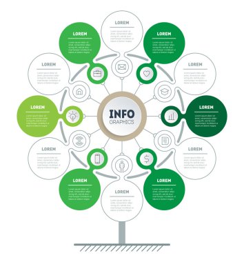Ekonomi sektörünün gelişim ağacı. Eğilim ve eğilimlerin bilgi grafiği. 6 ya da 12 seçenekli iş sunumu konsepti, parçalar, adımlar ya da süreçler. Zaman çizelgesi ya da bilgi grafikleri. Vektör.