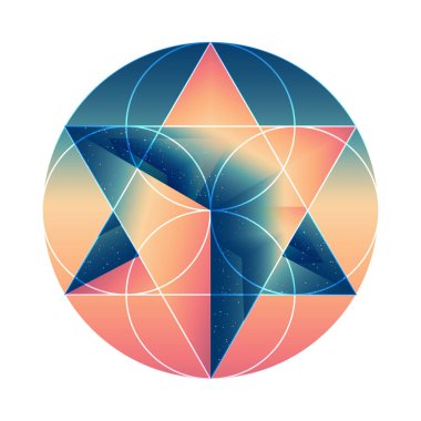 İç tasarım için poster. Bulanık arkaplanda uzayın yansıması ve geometrik figürlere sahip soyut piramitler. Vektör çok fonksiyonlu arkaplan.