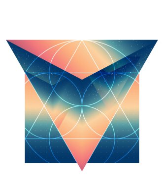 Bulanık arkaplanda uzayın ve geometrik figürlerin yansıması olan soyut izometrik prizma. Esrarengiz sanat. İç tasarım için fütüristik çok işlevli arka plan. Vektör.