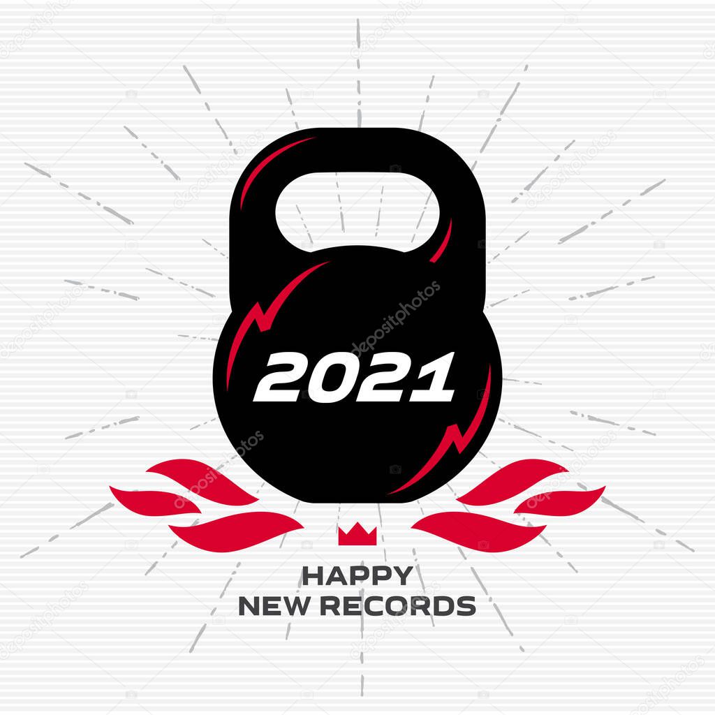 Happy new records in the new year. Black kettlebell with glares in the form of lightning and the words 2021.