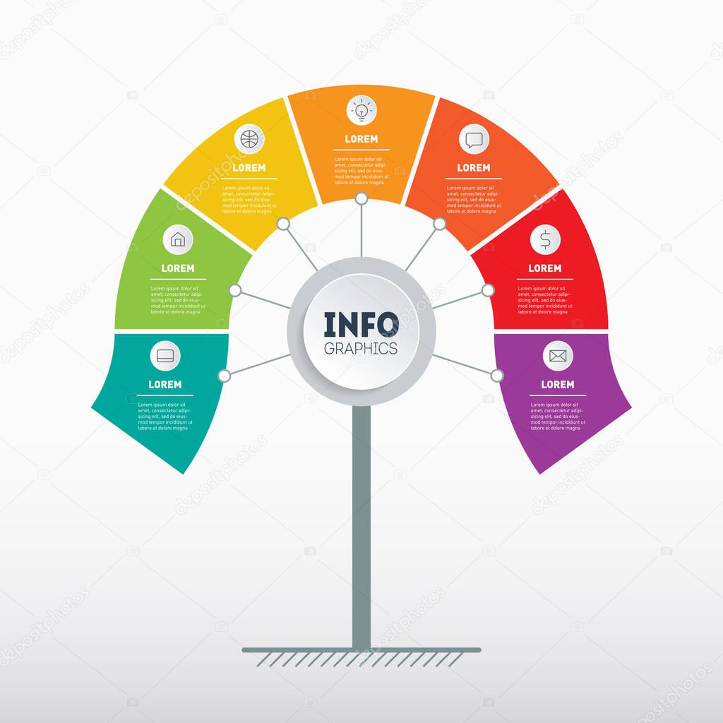 Business presentation concept with 7 parts. Template of tree or diagram. Brochure design template. Infographic of technology or education process with seven steps. Vector.