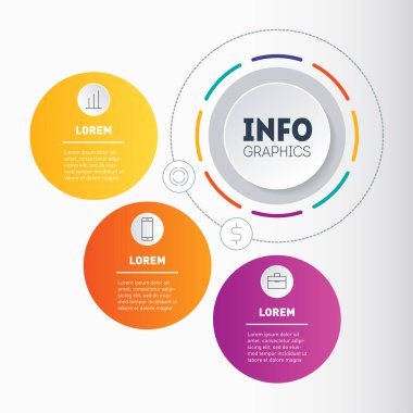 Teknoloji ya da eğitim sürecinin dinamik bilgi grafikleri. Bir grafiğin web şablonu, bilgi ve zihin haritası. 3 seçenekli iş sunumu veya bilgi grafiği.