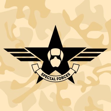 Özel kuvvetler hava kuvvetleri savaşçısı. Kamuflaj arka planında silahlı kuvvetler rozeti, etiket ya da logo var. Vektör.