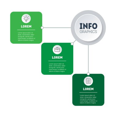 Web tasarım şablonu Bilgi şeması. Vektör diyagramı, 3 adımlı teknoloji veya eğitim süreci bilgileri. Zihin haritası. 3 seçenekli iş sunumu kavramı.