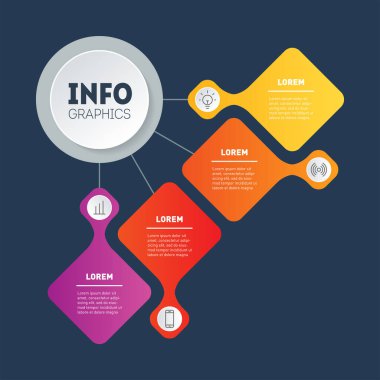 Koyu arkaplanda bir zihin haritası ya da diyagram şablonu. Dinamik bilgi grafikleri ya da teknoloji ya da eğitim sürecinin dört adımlı zihin haritası. 4 seçenekli Vektör İş sunumu veya bilgi grafiği.